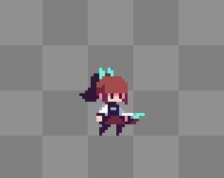 Karakter pixel art bergaya retro dengan rambut cokelat dan pita biru, memegang pedang kecil di latar kotak abu-abu.